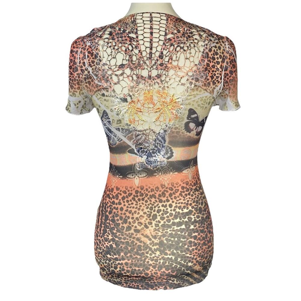 S VTG Y2k Sue Who Sublimation Embellished Studded Crochet Back Butterfly Tee - Picture 4 of 13